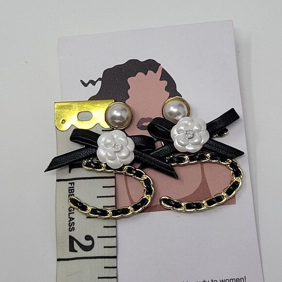 Leather PU Butterfly Camellia Flower Dangle Earrings Stud Black Gold Chain - Picture 3 of 6
